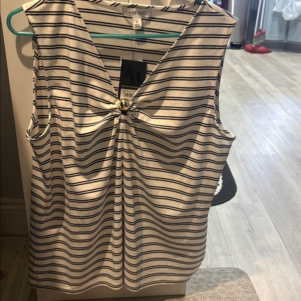 Nine West Black and White Striped Knot Front Tank